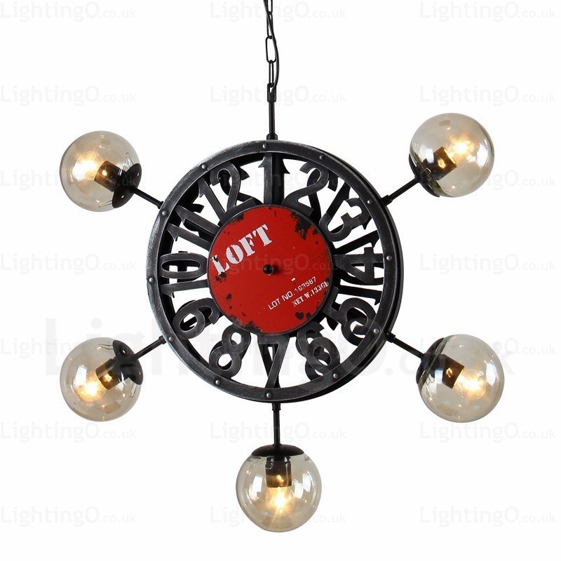 Lámpara colgante retro vintage de 5 luces con pantalla de cristal