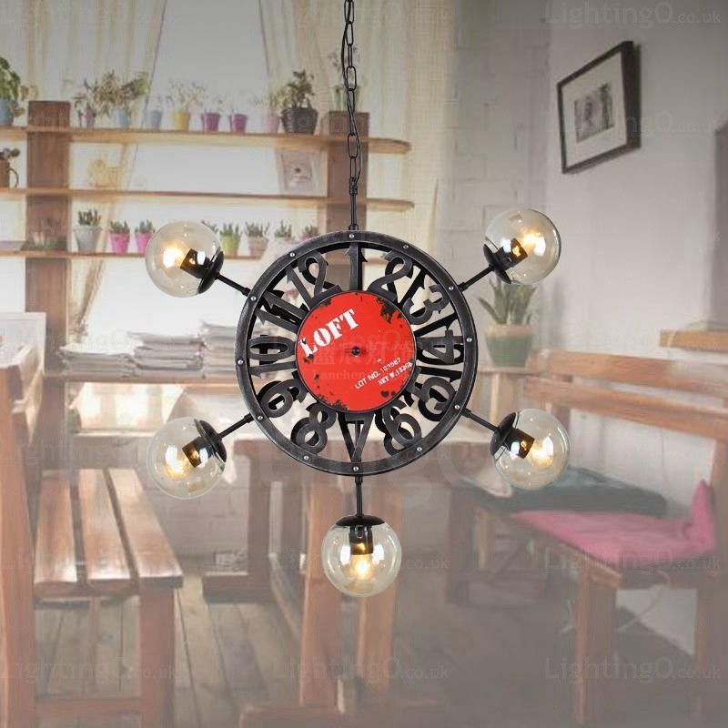 Lámpara colgante retro vintage de 5 luces con pantalla de cristal