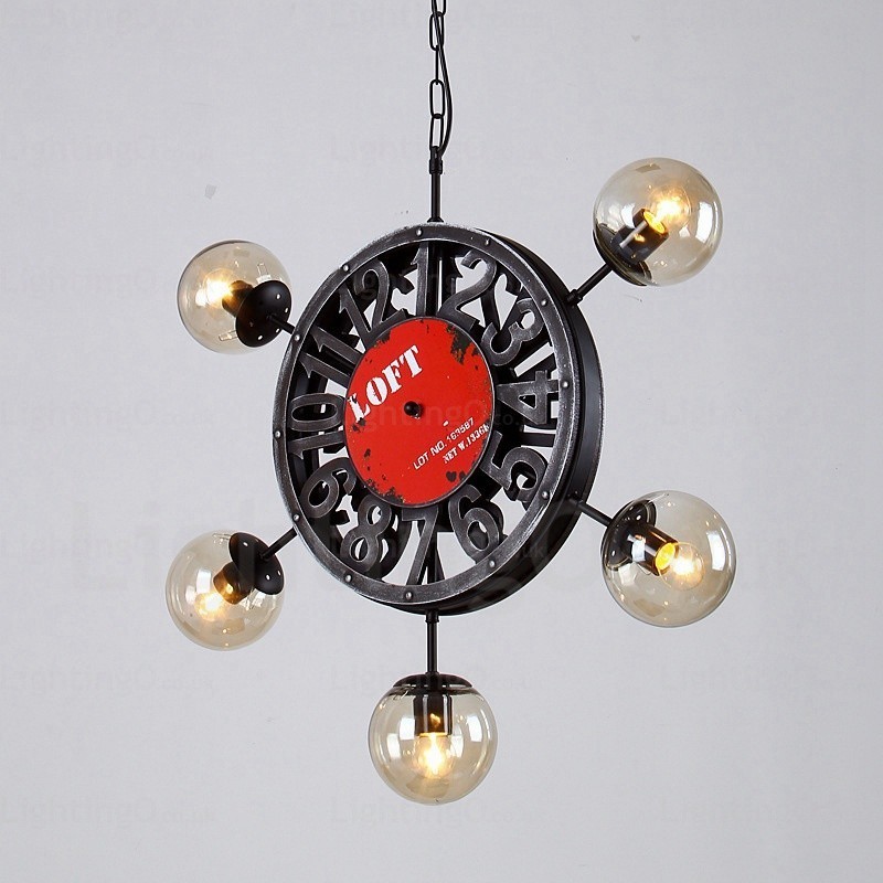Lámpara colgante retro vintage de 5 luces con pantalla de cristal