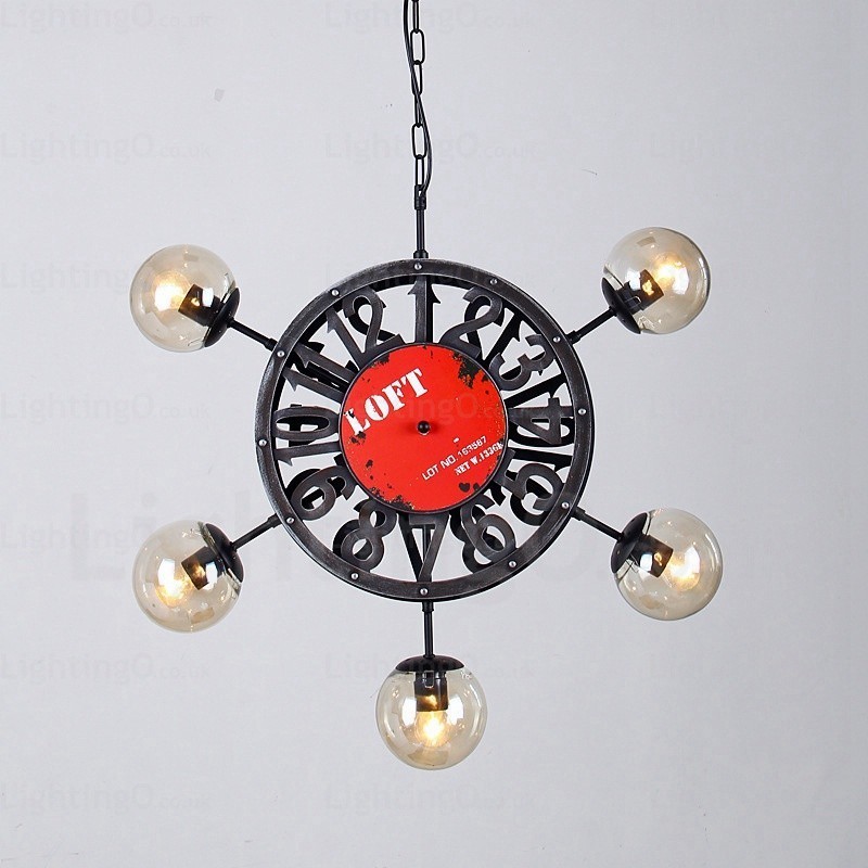 Lámpara colgante retro vintage de 5 luces con pantalla de cristal
