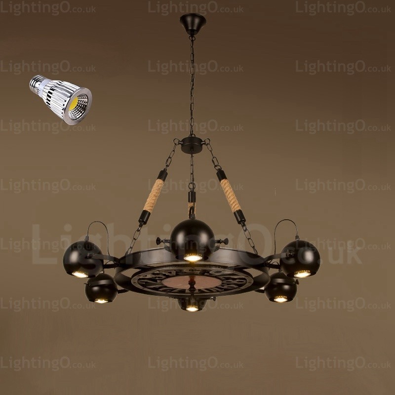 Lámpara colgante retro vintage de 6 luces con pantalla de acero inoxidable