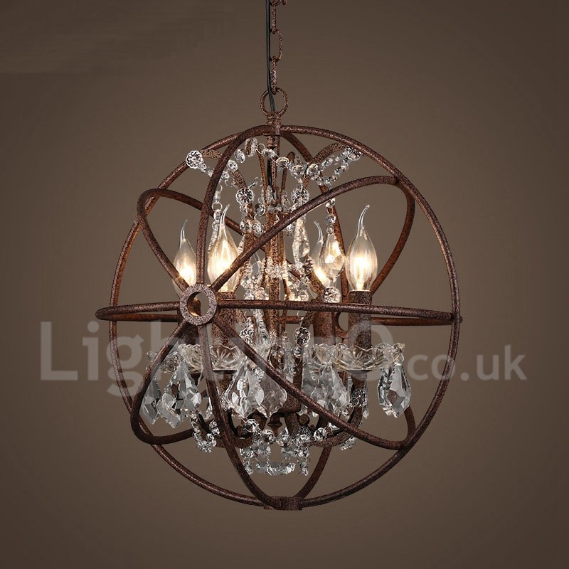 Lámpara colgante de metal con pintura de globo de cristal vintage de 4 luces y 40 cm de diámetro, color óxido