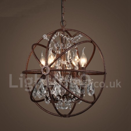 Lámpara colgante de metal con pintura de globo de cristal vintage de 4 luces y 40 cm de diámetro, color óxido Lámpara colgante de metal con pintura de globo de cristal vintage de 4 luces y 40 cm de diámetro, color óxido