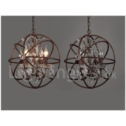 Lámpara colgante de metal con pintura de globo de cristal vintage de 4 luces y 40 cm de diámetro, color óxido