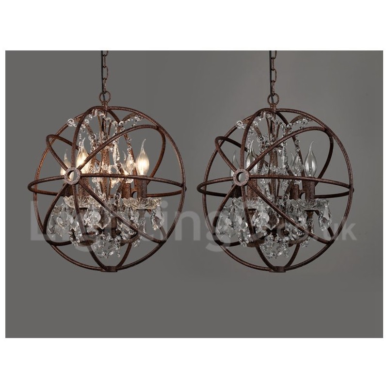 Lámpara colgante de metal con pintura de globo de cristal vintage de 4 luces y 40 cm de diámetro, color óxido