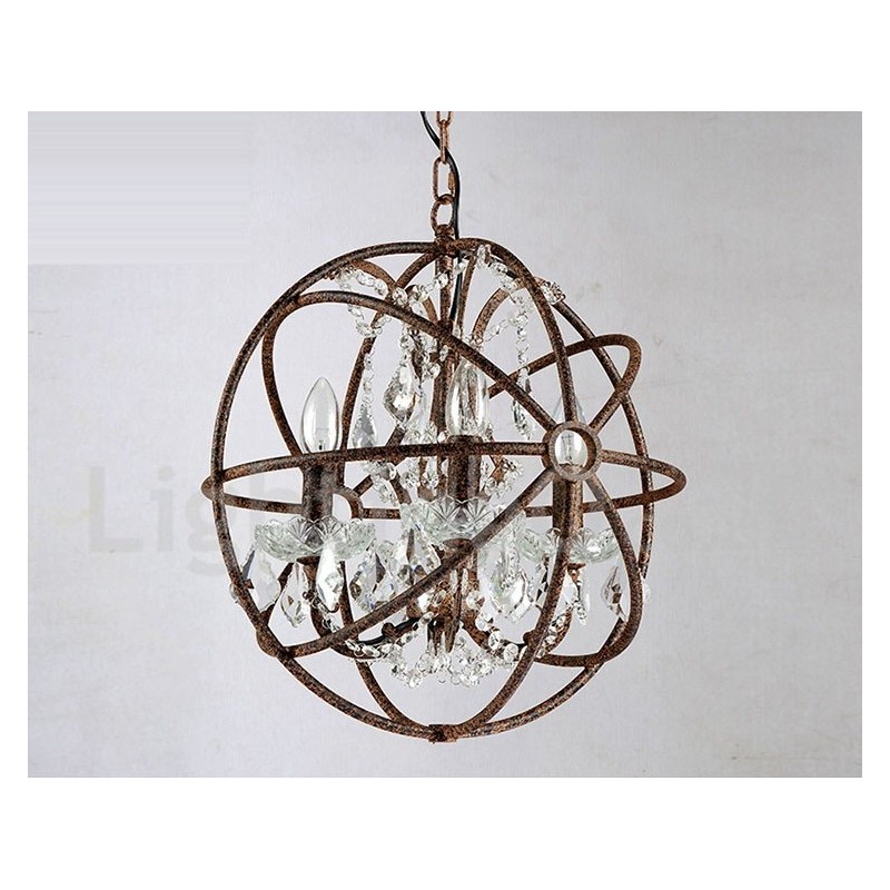 Lámpara colgante de metal con pintura de globo de cristal vintage de 4 luces y 40 cm de diámetro, color óxido