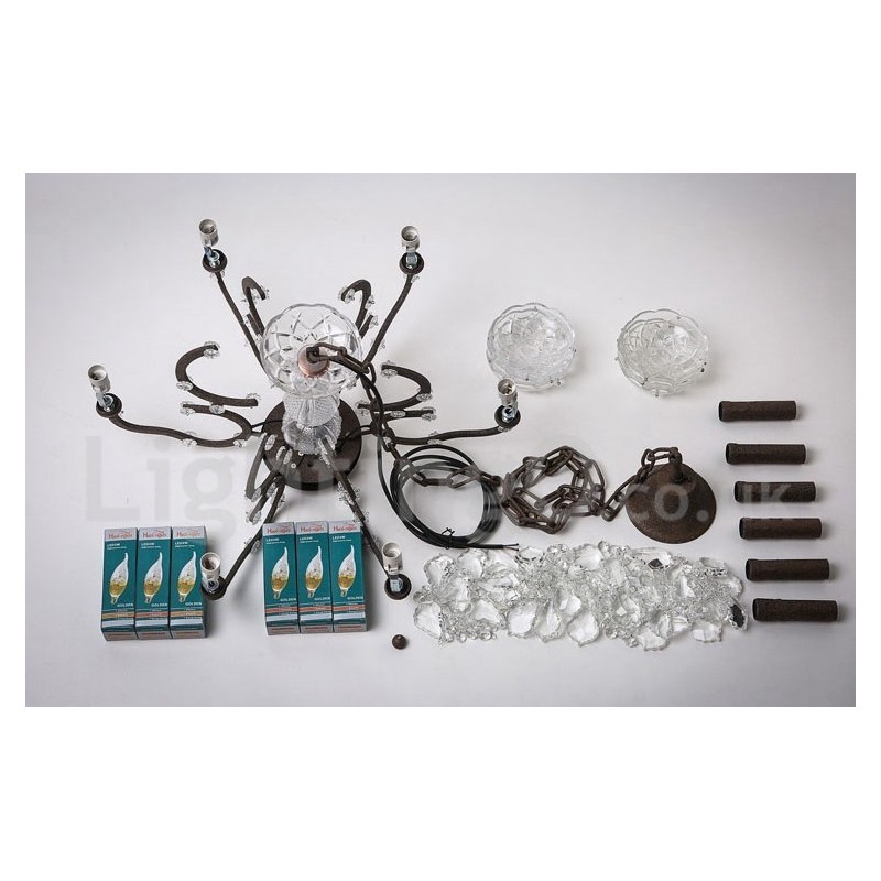 Lámpara colgante de metal con 6 luces, diámetro de 60 cm, estilo vintage, con pintura de cristal, color hierro oxidado.