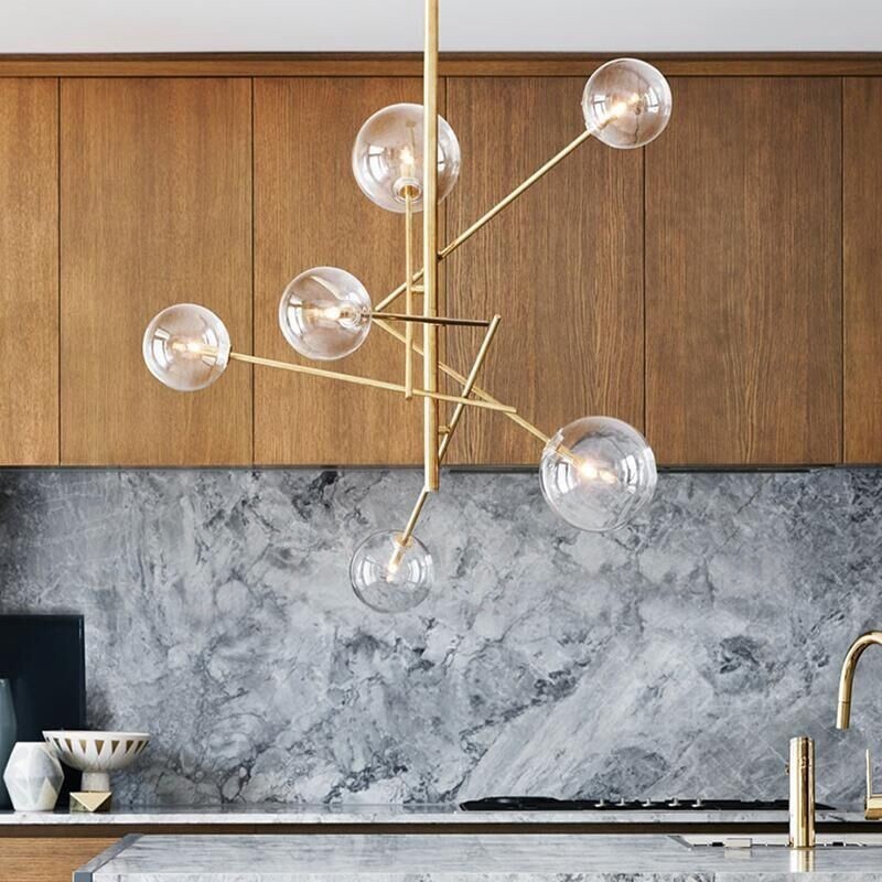 Lámpara nórdica de 6 luces, lámpara de araña sencilla, creativa, retro, de hierro, con bola de cristal y frijol mágico.