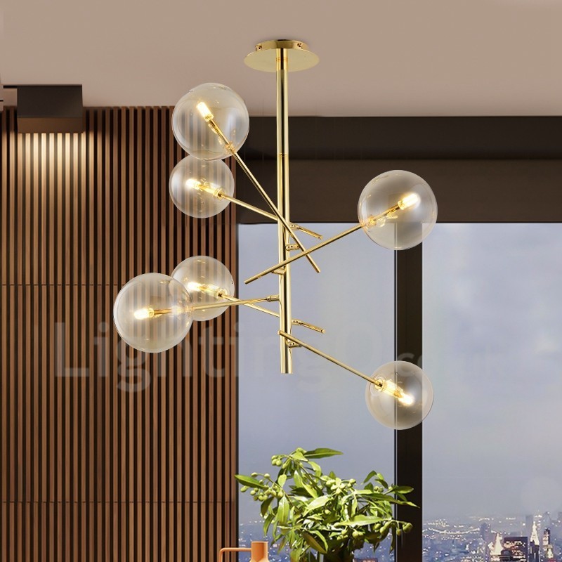 Lámpara nórdica de 6 luces, lámpara de araña sencilla, creativa, retro, de hierro, con bola de cristal y frijol mágico.