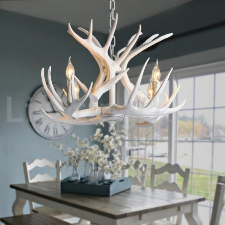 Lámpara de araña rústica artística retro de 4 luces con forma de asta blanca Lámpara de araña rústica artística retro de 4 luces con forma de asta blanca