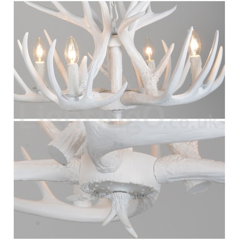 Lámpara de araña rústica artística retro de 4 luces con forma de asta blanca
