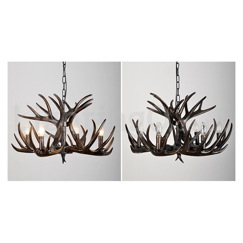 Lámpara de araña rústica artística retro de 4 luces con diseño de cuernos en negro degradado