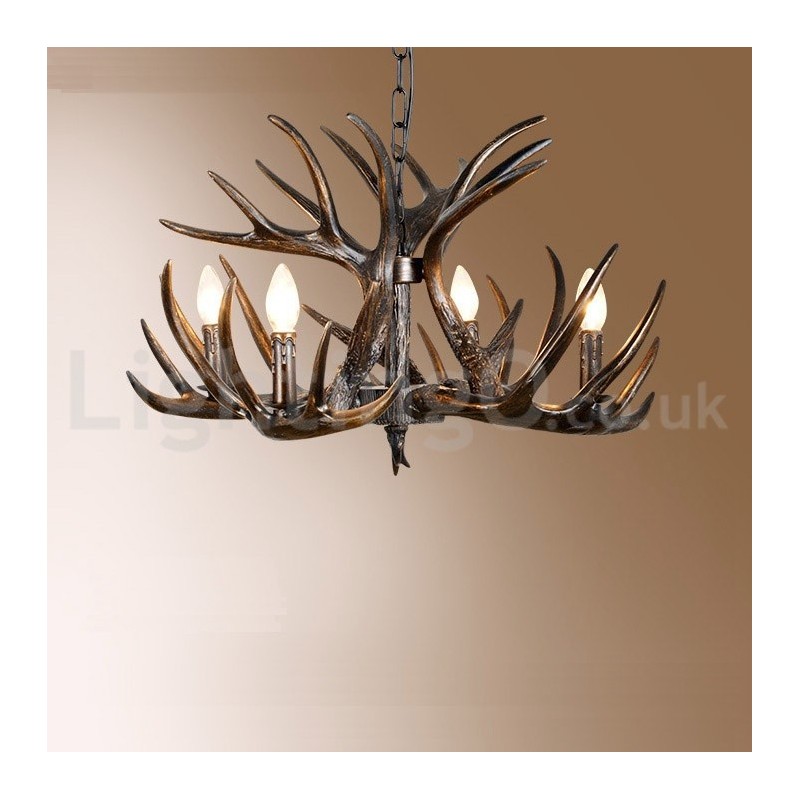 Lámpara de araña rústica artística retro de 4 luces con diseño de cuernos en negro degradado