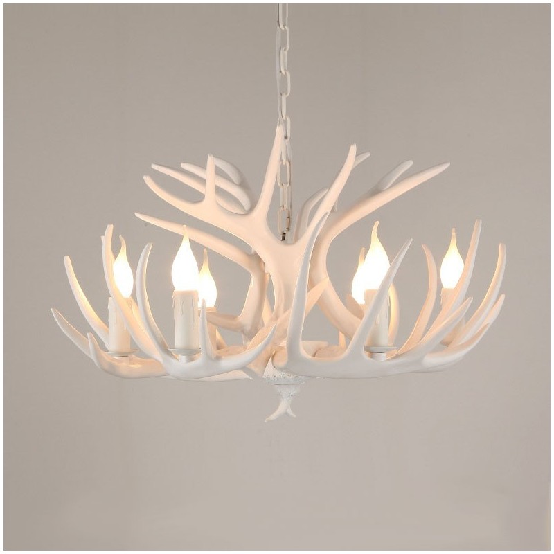 Lámpara de araña rústica artística retro de 6 luces con diseño de astas blancas