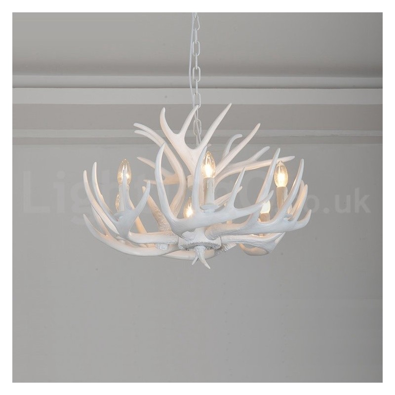 Lámpara de araña rústica artística retro de 6 luces con diseño de astas blancas