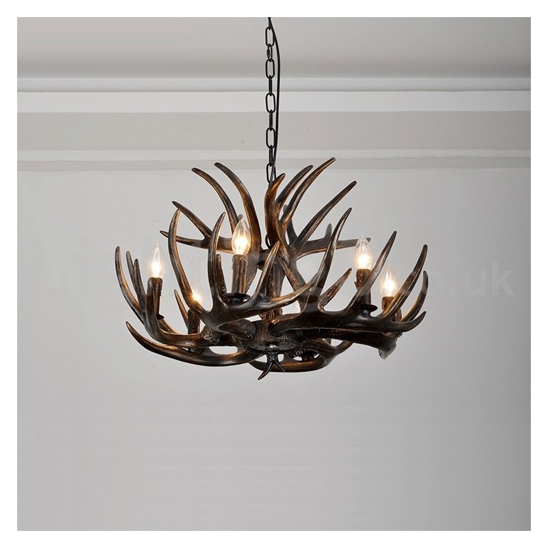 Lámpara de araña rústica artística retro de 6 luces con diseño de astas negras
