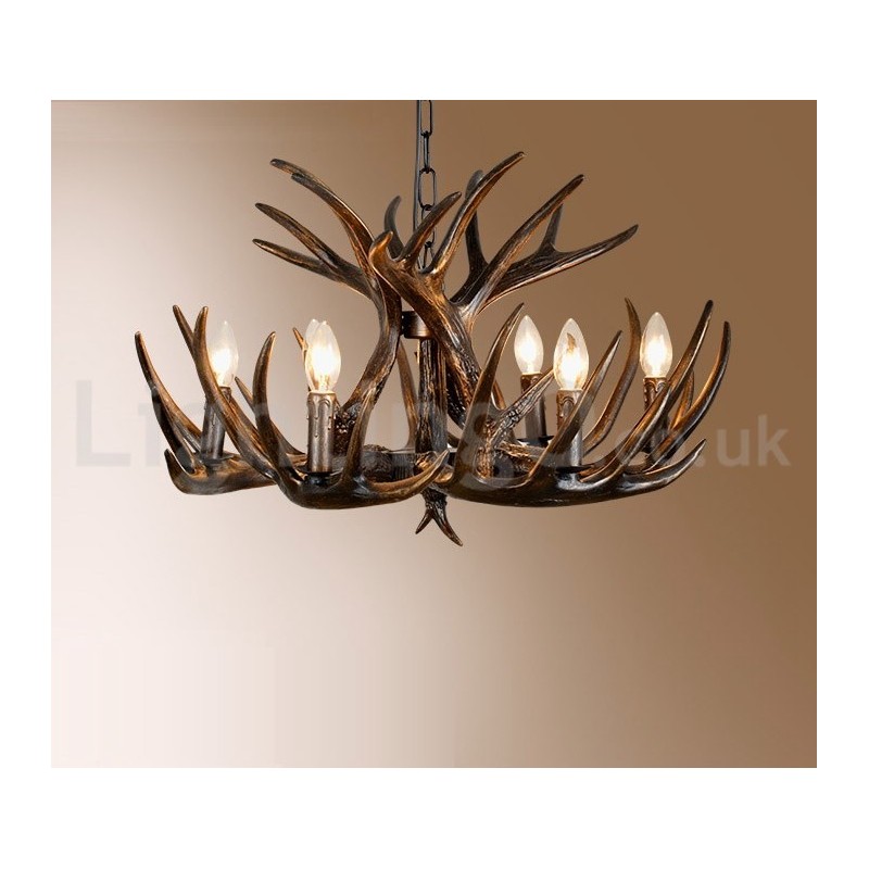 Lámpara de araña rústica artística retro de 6 luces con diseño de astas negras