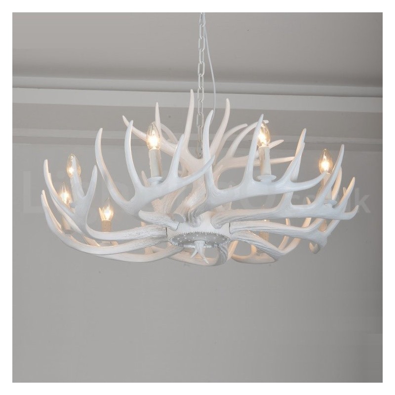 Lámpara de araña rústica artística retro de 9 luces con forma de asta blanca