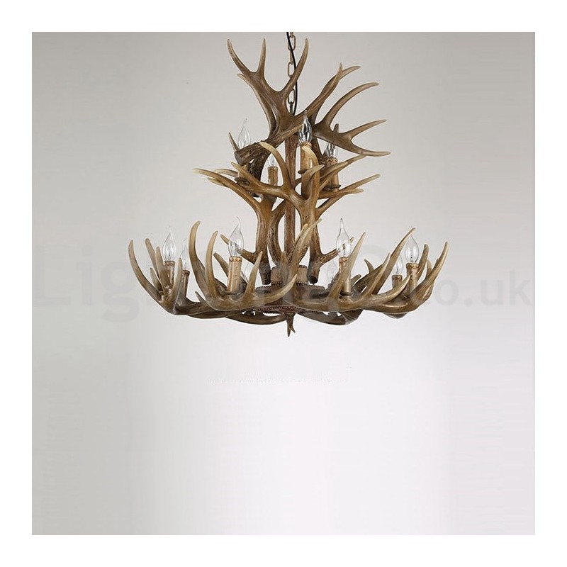 Lámpara de araña vintage rústica, artística, retro, con diseño de astas, de 12 luces y 2 lazos
