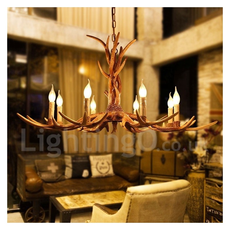 Lámpara de araña rústica artística retro de 8 luces con forma de asta.