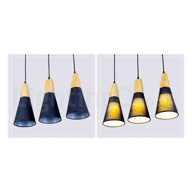 Lámpara colgante moderna de madera de 1 luz y 3 luces con pantalla de tela