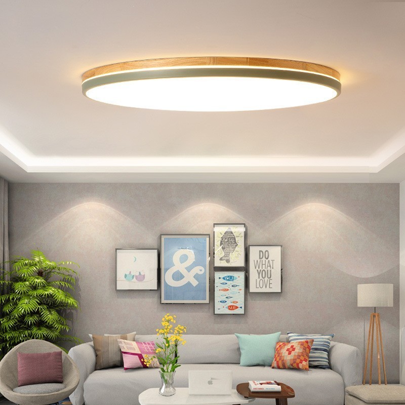 Lámpara de techo de madera redonda multicolor ultrafina y regulable con pantalla acrílica, estilo nórdico