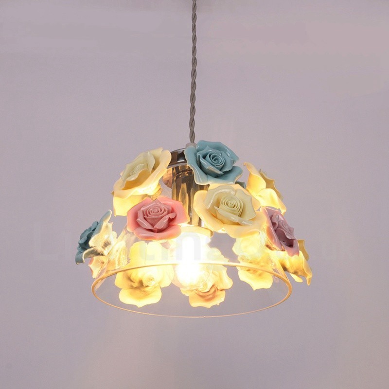 Lámpara colgante de techo con forma de macarrón y flores multicolores con pantalla de cristal