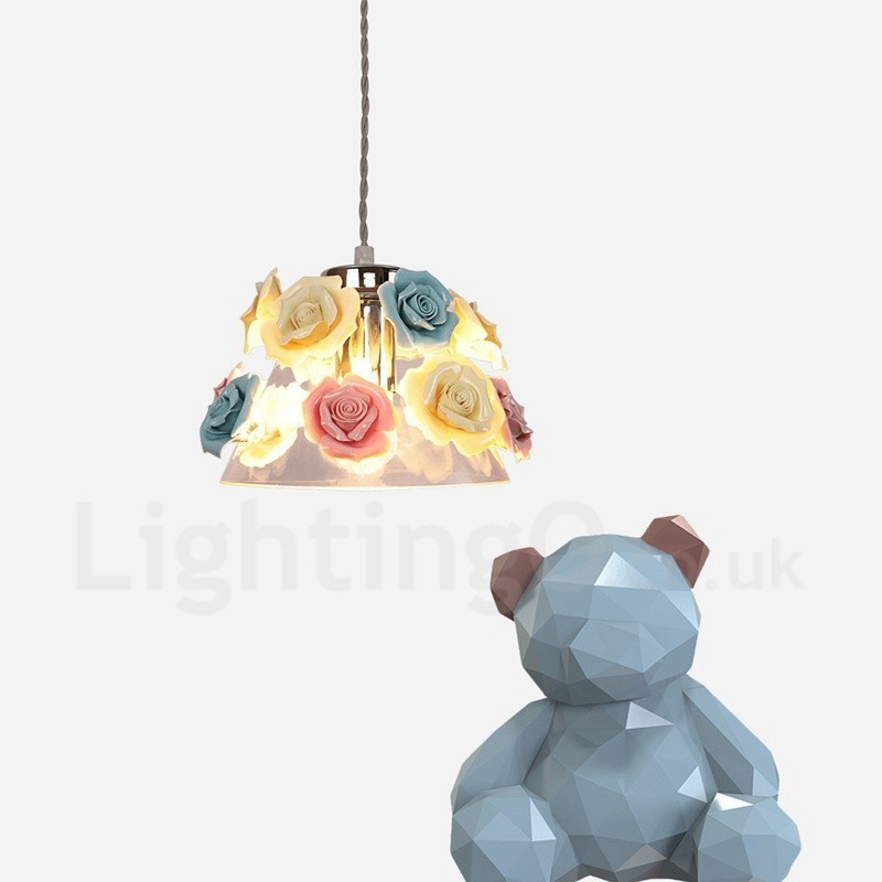 Lámpara colgante de techo con forma de macarrón y flores multicolores con pantalla de cristal