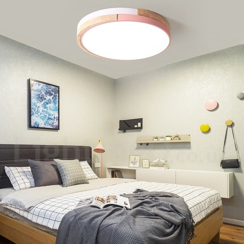 Lámpara de techo redonda de madera multicolor regulable con pantalla acrílica, estilo nórdico.
