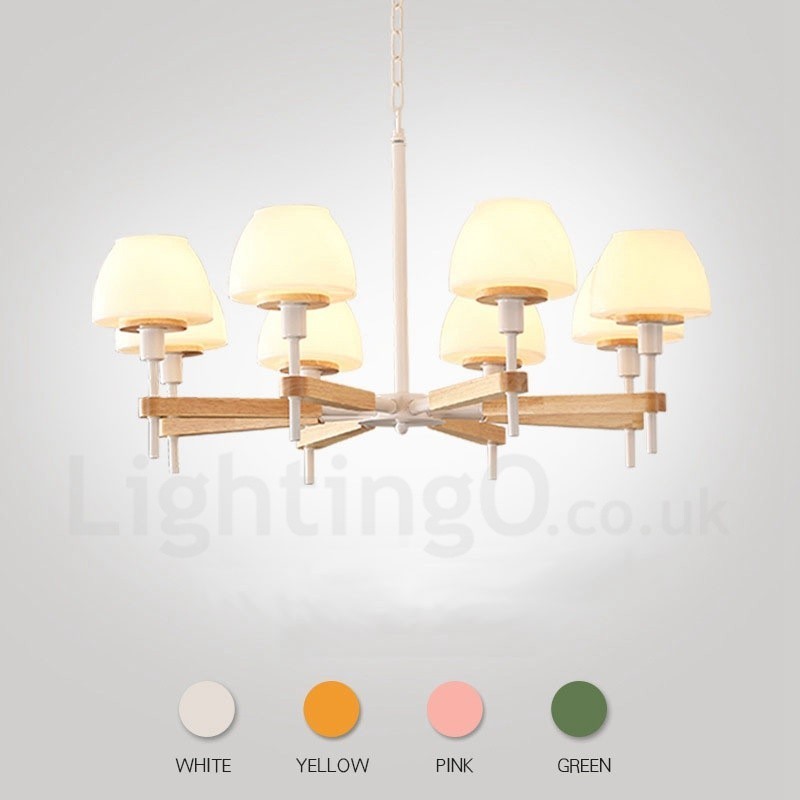 Lámpara colgante de madera Macaron multicolor de 6 y 8 luces con pantallas de cristal, estilo nórdico