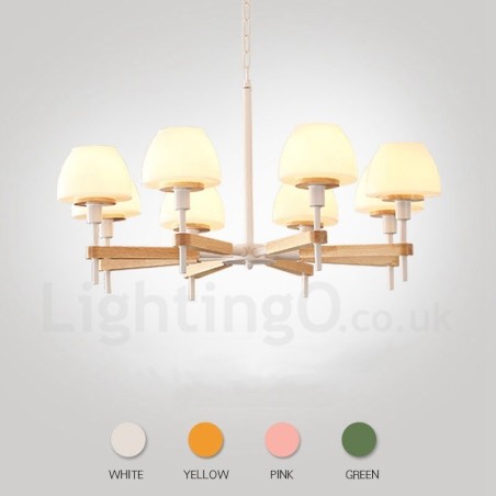 Lámpara colgante de madera Macaron multicolor de 6 y 8 luces con pantallas de cristal, estilo nórdico Lámpara colgante de madera Macaron multicolor de 6 y 8 luces con pantallas de cristal, estilo nórdico