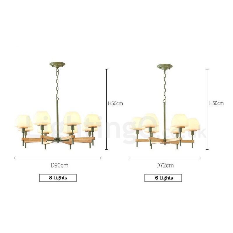 Lámpara colgante de madera Macaron multicolor de 6 y 8 luces con pantallas de cristal, estilo nórdico