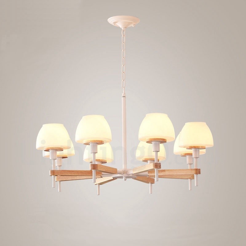 Lámpara colgante de madera Macaron multicolor de 6 y 8 luces con pantallas de cristal, estilo nórdico