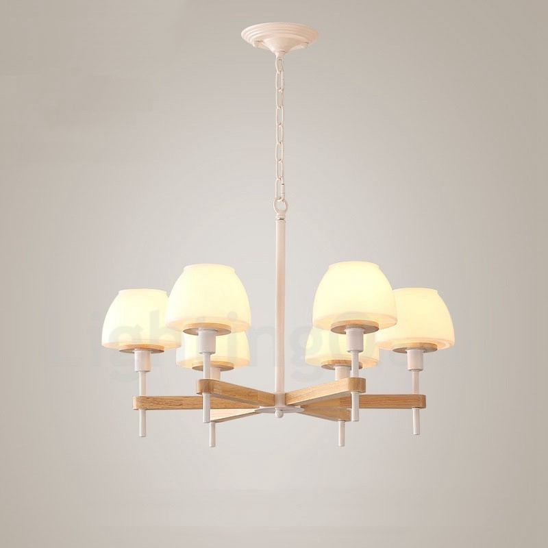Lámpara colgante de madera Macaron multicolor de 6 y 8 luces con pantallas de cristal, estilo nórdico