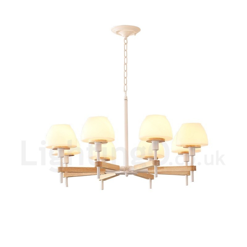 Lámpara colgante de madera Macaron multicolor de 6 y 8 luces con pantallas de cristal, estilo nórdico