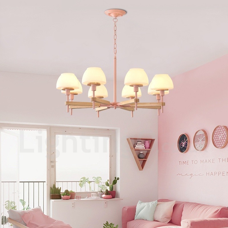 Lámpara colgante de madera Macaron multicolor de 6 y 8 luces con pantallas de cristal, estilo nórdico
