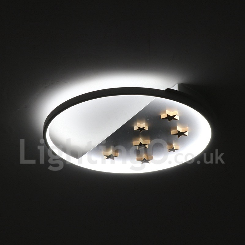 Lámpara de techo ultrafina de madera redonda con estrellas blancas regulables. También se puede usar como luz de pared.