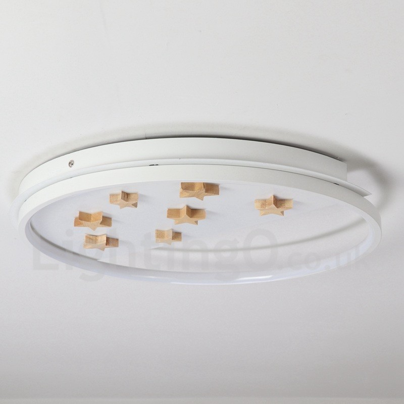 Lámpara de techo ultrafina de madera redonda con estrellas blancas regulables. También se puede usar como luz de pared.