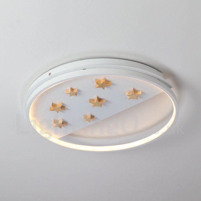 Lámpara de techo ultrafina de madera redonda con estrellas blancas regulables. También se puede usar como luz de pared.