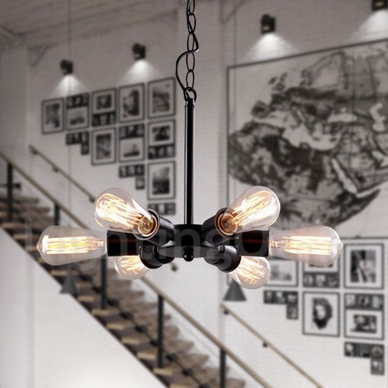Lámpara colgante rústica retro vintage negra de 6 luces