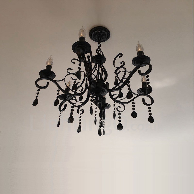 Lámpara colgante de cristal rústico retro vintage, color negro, blanco y azul, de 6 luces