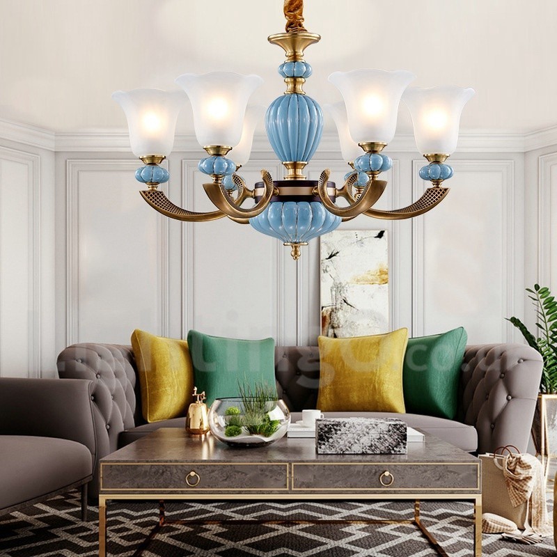 Lámpara colgante retro vintage de cerámica de latón con pantallas de cristal.