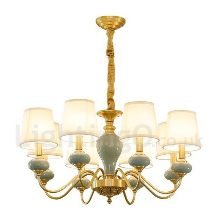 Lámpara colgante de latón puro, lujosa, rústica, retro, vintage, de cerámica y latón con pantallas de tela.