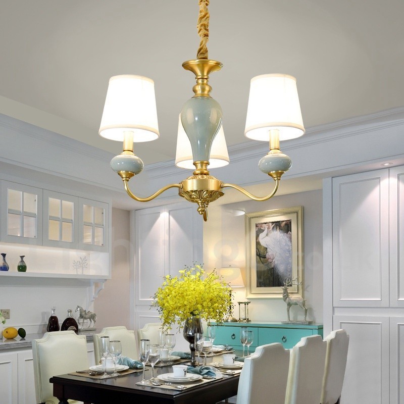 Lámpara colgante de latón puro, lujosa, rústica, retro, vintage, de cerámica y latón con pantallas de tela.