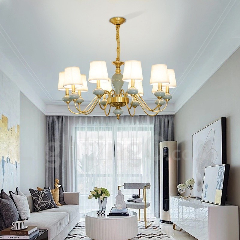 Lámpara colgante de latón puro, lujosa, rústica, retro, vintage, de cerámica y latón con pantallas de tela.
