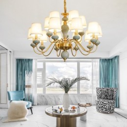 Lámpara colgante de latón puro, lujosa, rústica, retro, vintage, de cerámica y latón con pantallas de tela.