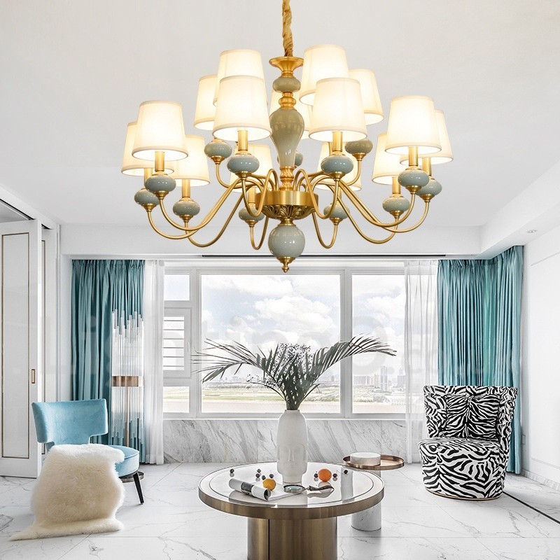 Lámpara colgante de latón puro, lujosa, rústica, retro, vintage, de cerámica y latón con pantallas de tela.