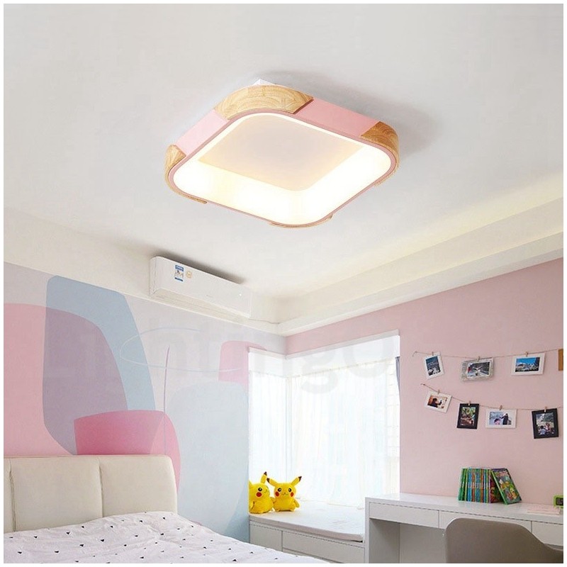Lámpara de techo cuadrada de madera multicolor regulable con pantalla acrílica, estilo nórdico.