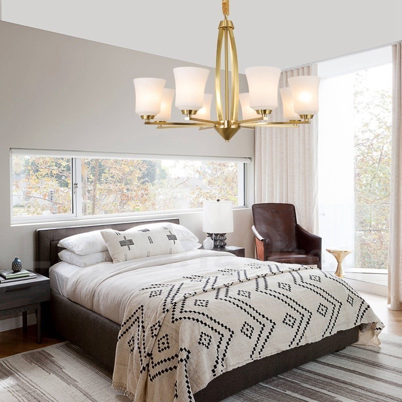 Lámpara colgante grande de latón puro de 8 luces, estilo rústico, retro, vintage, con pantallas de cristal