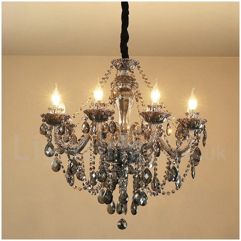 Lámpara de araña grande de cristal K9 de 8 luces, color gris retro